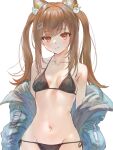  1girl animal_ears bikini black_bikini blue_jacket brown_hair closed_mouth hair_ornament highres jacket long_hair looking_at_viewer marulire morinaga_miu navel paryi_project simple_background solo swimsuit two_side_up virtual_youtuber white_background 