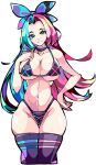  1girl absurdres bikini black_panties blue_eyes blue_hair breasts cowboy_shot enpe forehead hair_ribbon happy highres large_breasts long_hair looking_at_viewer multicolored_eyes multicolored_hair navel open_mouth original panties pink_hair ribbon simple_background smile solo swimsuit thick_thighs thighs underwear 