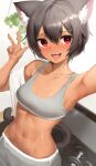  1girl :d absurdres animal_ear_fluff animal_ears armpits bangs blush breasts dumbbell grey_sports_bra hair_between_eyes hair_ornament hairclip hanging_plant highres indoors mathew_(srmmk_mce) medium_breasts mole mole_on_breast navel original red_eyes selfie short_hair smile solo sports_bra stomach sweat tail v 