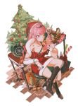  1girl bare_shoulders boots breasts christmas christmas_tree cleavage crossed_legs dress eating food gift hat high_heel_boots high_heels highres hololive hololive_english large_breasts mori_calliope one_eye_closed phone pink_hair rotary_phone santa_costume santa_hat set7 sitting solo talking_on_phone virtual_youtuber 