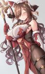  1girl alternate_costume animal_ears bangs bare_shoulders bell black_pantyhose blush breasts brown_hair closed_eyes commentary_request galleon_(granblue_fantasy) gloves granblue_fantasy grey_background highres himuro_shunsuke horns large_breasts neck_bell pantyhose parted_lips pointy_ears red_gloves simple_background solo thighs 