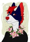  2017 anthro black_clothing black_topwear blue_body blue_fur bust_portrait canid cheek_tuft clothed clothing dated facial_tuft flower flower_necklace fur glistening glistening_eyes hair hi_res horn male mammal mouth_closed pink_flower plant portrait red_eyes red_hair red_nose riorix short_hair signature simple_background solo topwear tuft white_body white_fur white_horn 