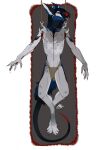  2017 anthro black_hair black_sclera blood blue_body blue_fur bodily_fluids bottomwear clothed clothing cut_throat dated forked_tongue full-length_portrait fur gore grey_body grey_fur grey_tongue hair hi_res imminent_death loincloth looking_at_viewer male navel portrait red_eyes red_nose red_tongue riorix signature simple_background slit_throat solo species_request tongue tongue_out topless 