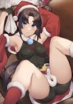  1girl bangs black_hair blue_eyes breasts fate/grand_order fate_(series) fur-trimmed_headwear hair_bun hat highres long_hair looking_at_viewer medium_breasts open_mouth parted_bangs pinta_(ayashii_bochi) red_headwear santa_costume santa_hat side_ponytail sidelocks single_side_bun solo ushiwakamaru_(fate) very_long_hair 