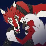  angry anthro bandai_namco canid canine canis claws digimon digimon_(species) duo fangmon fangs feral fur generation_7_pokemon hi_res leather lycanroc mammal nintendo pokemon pokemon_(species) quadruped red_body red_fur scar teeth wolf wsdigi 