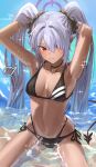  1girl arms_up bangs bikini black_bikini black_choker black_tail blue_archive blush choker dark-skinned_female dark_skin grey_hair hair_over_one_eye hair_ribbon halo highres horn/wood iori_(blue_archive) iori_(swimsuit)_(blue_archive) long_bangs multi-strapped_bikini official_alternate_costume pointy_ears red_eyes ribbon sand side-tie_bikini_bottom string_bikini swimsuit twintails water 