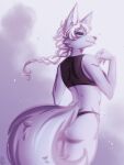  absurd_res alice_destiny anthro arctic_fox big_tail black_clothing blue_eyes butt canid canine clothing ei-tule-kesaa female fox hair hi_res mammal ponytail smile solo tongue tongue_out 