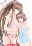  2girls babydoll blue_panties bra brown_eyes brown_hair cherry_blossoms commentary_request flower flower_bra flower_panties garter_straps hair_flower hair_ornament heart heart_hands kantai_collection long_hair looking_at_viewer multiple_girls one_eye_closed panties parted_lips ponytail red_bra red_eyes red_panties red_thighhighs short_hair simple_background standing takase_asagiri thighhighs underwear underwear_only white_background yamato_(kancolle) yukikaze_(kancolle) 