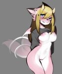  absurd_res anthro blonde_hair blue_eyes breasts canid canine canis clothed clothing dragon female fur genitals hair hi_res horn hybrid looking_at_viewer mammal mega_moppa pink_body pink_fur pussy raised_clothing raised_shirt raised_topwear roketchu shirt smile solo tail_motion tailwag topwear wings wolf 