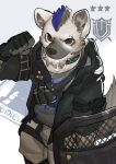  2020 anthro arknights bandolier black_nose bottomwear clothed clothing collar doggyaubrey eyebrow_piercing facial_piercing fingerless_gloves fully_clothed fur gloves grey_body grey_fur hair handwear hi_res hyena hypergryph jacket looking_at_viewer male mammal multicolored_hair pants piercing shield shirt solo spot_(arknights) spotted_hyena studio_montagne topwear two_tone_hair 
