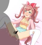  1boy 1girl absurdres agnes_digital_(umamusume) animal_ears bed_sheet blush bow breath casual clothed_sex echi_no_tami hair_bow hetero highres holding_legs horse_ears horse_girl long_hair open_mouth penis pink_hair pussy red_bow red_ribbon ribbon sex shadow solo_focus spread_legs sweat testicles umamusume wavy_mouth 