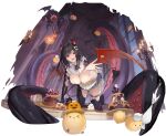  1girl azur_lane black_hair breasts cake food highres horns jack-o&#039;-lantern looking_at_viewer medium_hair official_alternate_costume official_art pumpkin royal_fortune_(azur_lane) royal_fortune_(treats_from_the_deep)_(azur_lane) tentacles transparent_background wings 