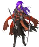  1girl armor armored_boots bangs belt boots breastplate breasts cape closed_mouth fire_emblem fire_emblem:_three_houses fire_emblem_heroes fire_emblem_warriors:_three_hopes full_body gauntlets hair_over_one_eye highres holding holding_weapon long_hair looking_at_viewer medium_breasts multiple_belts non-web_source noy official_art pelvic_curtain purple_eyes purple_hair reverse_grip shez_(fire_emblem) shez_(fire_emblem)_(female) shiny shiny_hair smile solo standing sword transparent_background weapon 