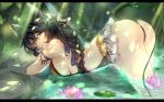  1girl animal_ears ass backless_swimsuit bangs black_hair black_one-piece_swimsuit braid braided_ponytail breasts flower granblue_fantasy hand_in_own_hair letterboxed lily_pad long_hair looking_at_viewer looking_to_the_side lotus medium_breasts nattsun_(018) nier_(granblue_fantasy) nier_(lover_by_the_lily_lake)_(granblue_fantasy) one-piece_swimsuit parted_lips partially_submerged red_eyes solo sunlight swimsuit twitter_username 