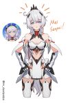  1girl ahoge armor armored_boots artist_name bangs bare_shoulders blue_eyes boots breasts cleavage dual_persona dyadyadya earrings gauntlets hair_ornament hands_on_hips highres honkai_(series) honkai_impact_3rd jewelry kiana_kaslana kiana_kaslana_(herrscher_of_flamescion) kiana_kaslana_(white_comet) long_hair looking_at_viewer ponytail simple_background solo thigh_boots white_background white_hair 