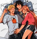  1girl 2boys absurdres artist_name black_hair blonde_hair chainsaw_man cuddling demon_horns denji_(chainsaw_man) hayakawa_aki highres horns huyandere lying multiple_boys off_shoulder on_back oni_horns open_mouth pants pillow pink_shirt pochita_(chainsaw_man) power_(chainsaw_man) print_shirt red_horns sharp_teeth shirt short_hair short_shorts shorts sleeping sweatpants t-shirt teeth zzz 