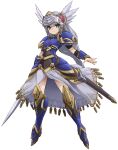  1girl armor armored_boots blue_eyes blue_footwear boots breastplate breasts closed_mouth commentary_request feathers fringe_trim grey_hair highres karukan_(monjya) knee_boots long_hair looking_at_viewer medium_breasts pauldrons sheath shoulder_armor simple_background solo sword unsheathed valkyrie_profile very_long_hair weapon white_background white_feathers 
