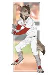  2017 anthro baseball_bat baseball_uniform bat_(object) black_claws blurred_background bottomwear brown_body brown_eyes brown_fur brown_hair canid cheek_tuft chest_tuft claws clothed clothing dated facial_tuft fluffy fluffy_tail full-length_portrait fur grey_clothing grey_legwear hair hi_res legwear male mammal neck_tuft outside pants portrait red_clothing red_topwear riorix signature solo sportswear standing teeth topwear tuft uniform white_bottomwear white_clothing white_pants white_topwear 