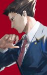  1boy ace_attorney black_eyes black_hair brown_hair closed_mouth collared_shirt dress_shirt expressionless formal hair_slicked_back hand_up highres isshiki_(1sshiki) long_sleeves looking_to_the_side male_focus necktie phoenix_wright red_background red_necktie shirt short_hair solo spiked_hair upper_body vest white_shirt 