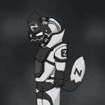  ambiguous_gender anthro armor bomb_suit clothing gloves handwear heavy_armor hi_res machine mask mister_redintong payday_(series) protogen shaded side_view simple_background simple_shading solo solo_focus 