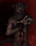  anthro black_claws black_sclera blood bodily_fluids brown_body brown_fur cheek_tuft chest_tuft claws crying facial_tuft fangs featureless_crotch finger_claws floppy_ears fur glistening glistening_eyes gore green_eyes half-length_portrait hi_res looking_at_viewer male neck_tuft nude portrait riorix simple_background solo species_request tears teeth tuft 