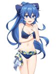  1girl bikini blue_bikini blue_eyes blue_hair blush bow breasts cleavage cowboy_shot debt hair_bow hands_on_own_chest highres long_hair looking_at_viewer masho_makamaka medium_breasts open_mouth ponytail solo swimsuit touhou yorigami_shion 