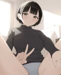  1girl absurdres bangs bed black_hair black_shirt breasts brown_eyes closed_mouth commentary day grey_panties highres indoors long_sleeves looking_at_viewer medium_breasts original panties pillow shirt smile solo spread_legs sunlight takenoko_no_you underwear window 