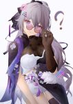 1girl ? absurdres bangs bronya_zaychik bronya_zaychik_(silverwing:_n-ex) brown_gloves brown_thighhighs china_dress chinese_clothes closed_mouth dress glasses gloves grey_eyes grey_hair hair_ornament hamilundenongdizhe highres honkai_(series) honkai_impact_3rd long_hair looking_at_viewer simple_background single_glove single_thighhigh solo thighhighs white_background 