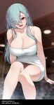  1girl bare_shoulders breasts cleavage commentary_request eyes_visible_through_hair fanbox_username hair_over_one_eye indoors jjune large_breasts looking_at_viewer naked_towel open_mouth original patreon_username red_eyes sitting smile solo steam towel wet 
