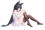  1girl animal_ears bangs black_hair blunt_bangs brown_thighhighs closed_mouth fox_ears full_body hamilundenongdizhe highres hime_cut hoshimi_miyabi long_hair long_sleeves looking_at_viewer red_eyes shirt simple_background solo thighhighs toes white_background white_shirt zenless_zone_zero zettai_ryouiki 