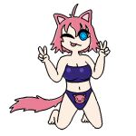 animal_humanoid anthro blep blue_clothing blue_eyes breasts bump_attack cat_humanoid clothing domestic_cat double_v_sign felid felid_humanoid feline feline_humanoid felis female gesture hair humanoid looking_at_viewer low_res mammal mammal_humanoid navel one_eye_closed pink_clothing pink_hair pink_tail solo tan_body tan_skin tongue tongue_out topwear underwear v_sign 