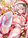  1girl akatsuki_(aktk511) bell bikini breasts christmas gift gloves grey_hair hair_bell hair_ornament hat highres large_breasts looking_at_viewer navel original red_eyes santa_bikini santa_gloves santa_hat smile solo swimsuit thighhighs white_thighhighs 