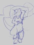  3_toes anthro bed blue_line_art bottomwear bottomwear_down clothed clothing digital_drawing_(artwork) digital_media_(artwork) eyes_closed featureless_crotch feet fingers fluffy full-length_portrait furniture hand_behind_head hi_res high-angle_view lying male mammal mustelid navel on_back otter pants pants_down partially_clothed pillow portrait shirt simple_background sketch sleeping smile solo tank_top toes topwear torrn tuft white_background 