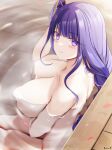  1girl bangs blush breasts commentary genshin_impact highres keenh large_breasts long_hair looking_at_viewer nude onsen partially_submerged petals purple_eyes purple_hair raiden_shogun sitting smile solo water 