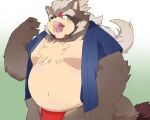  2022 anthro asian_clothing belly big_belly canid canine clothing east_asian_clothing eyes_closed fundoshi goemon_(tas) hi_res inunoshippo japanese_clothing kemono lifewonders male mammal moobs open_mouth overweight overweight_male raccoon_dog red_clothing red_fundoshi red_underwear solo tanuki tokyo_afterschool_summoners underwear yawn 