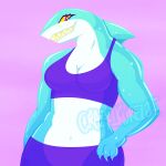  anthro belly blue_body blue_shark blue_skin bra claws clothed clothing crazy_guy_(artist) female fish glistening glistening_body gradient_body hi_res looking_at_viewer marine partially_clothed purple_eyes requiem_shark shark sharp_claws sharp_teeth smile solo sports_bra sportswear teeth underwear white_belly white_body white_skin 