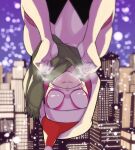  1girl animification bodysuit breasts english_commentary gwen_stacy hat hood hood_down hooded_bodysuit looking_at_viewer marvel medium_breasts santa_hat scarf smile solo spider-gwen spider-man_(series) spider_web_print superhero sushi_pizza_rrr upside-down 