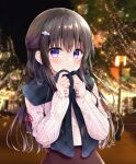  1girl aran_sweater bangs black_hair black_scarf blurry blurry_background blush brown_skirt cable_knit christmas_tree closed_mouth clothing_cutout commentary_request depth_of_field hair_between_eyes hands_up holding holding_clothes holding_scarf lamppost long_sleeves looking_at_viewer murasaki_(murasakiiro_no_yoru) night night_sky original pink_sweater plaid plaid_scarf puffy_long_sleeves puffy_sleeves purple_eyes scarf shoulder_cutout skirt sky sleeves_past_wrists smile solo sweater 