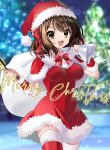  1girl :d alternate_costume artist_name bangs bell bow bowtie breasts brown_eyes brown_hair christmas christmas_tree commentary_request hair_ribbon hat highres holding holding_bell holding_sack kuuma25_kuma looking_at_viewer medium_breasts medium_hair merry_christmas open_mouth outdoors red_bow red_bowtie red_headwear red_ribbon red_thighhighs ribbon sack santa_costume santa_hat smile snow solo suzumiya_haruhi suzumiya_haruhi_no_yuuutsu thighhighs twitter_username watermark 