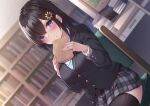  1girl bangs black_hair black_jacket black_thighhighs blazer blue_eyes blurry blurry_background blush book book_stack bookshelf breasts closed_mouth commentary_request depth_of_field flower grey_skirt hair_between_eyes hair_flower hair_ornament hands_up highres holding holding_book indoors jacket long_sleeves looking_at_viewer medium_breasts nail_polish on_chair open_book original pink_nails plaid plaid_skirt pleated_skirt school_uniform shirt sitting skirt smile solo sunflower_hair_ornament sweater_vest thighhighs toyosaki_shu white_shirt yellow_flower 