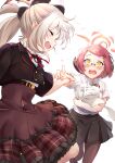  2girls aru_(blue_archive) black_pantyhose black_skirt blonde_hair blue_archive blush closed_eyes collared_shirt commentary_request feet_out_of_frame frilled_skirt frills glasses grey_hair halo highres holding holding_paper long_hair multiple_girls mutsuki_(blue_archive) neck_ribbon open_mouth pantyhose paper petals plaid plaid_skirt pleated_skirt pointy_ears raguro red_hair red_ribbon ribbon rimless_eyewear shirt shirt_tucked_in short_hair simple_background skirt smile standing teeth upper_teeth_only white_background white_shirt 
