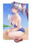  1girl absurdres bangs beach bikini blue_bikini blue_sky blurry blurry_background border bow breasts bronya_zaychik cleavage closed_mouth cloud cloudy_sky cup drill_hair drinking_straw earrings full_body grey_eyes grey_hair hair_bow hamilundenongdizhe highres holding holding_cup homu_(honkai_impact) honkai_(series) honkai_impact_3rd jewelry looking_at_viewer milkshake outdoors palm_tree sand sandals sky solo squatting swimsuit toes tree twin_drills water white_border 