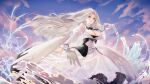  1girl absurdres azur_lane bare_shoulders blue_eyes blue_sky breasts cleavage detached_sleeves dress feathered_wings floating_hair from_below highres juliet_sleeves large_breasts long_hair long_sleeves looking_at_viewer looking_down puffy_sleeves scarfpen01 see-through see-through_dress sky solo very_long_hair water white_dress white_hair white_wings wings yorktown_(azur_lane) yorktown_ii_(azur_lane) 