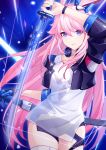  1girl absurdres animal_ears arm_up bangs black_gloves black_jacket black_shorts closed_mouth fox_ears gloves hamilundenongdizhe headphones headphones_around_neck highres holding holding_sword holding_weapon honkai_(series) honkai_impact_3rd jacket katana long_hair looking_at_viewer pink_hair purple_eyes sheath sheathed shirt short_sleeves shorts single_glove solo sword weapon white_shirt yae_sakura yae_sakura_(goushinnso_memento) 