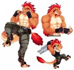 abs anthro boots chibi claws clothing dinosaur dromaeosaurid elbow_tuft eye_markings fatigues feathered_dinosaur feathers fighting_pose fingerless_gloves folding_chair footwear gloves hair handwear hi_res light_belly male markings max(summontheelectorcounts) muscular muscular_anthro muscular_male pose red_body red_feathers red_hair reptile rinkusu scalie shirtless_male solo tail_tuft talons theropod toeless_boots toeless_footwear tuft velociraptor 