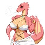  abs absurd_res anthro big_breasts breasts cleavage clothed clothing dragon female hi_res membrane_(anatomy) membranous_wings pink_body scalie simmsyboy simple_background solo white_background wings 