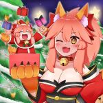  2022 2girls animal_ear_fluff animal_ears animal_hands artist_name bare_shoulders bell blush box breasts candy candy_cane capelet cat_paws christmas christmas_lights christmas_ornaments christmas_tree closed_eyes collar collarbone detached_sleeves fangs fate/grand_order fate_(series) food fox_ears fox_girl fox_tail fur-trimmed_capelet fur_trim gift gift_box gloves hat highres japanese_clothes jingle_bell keita_naruzawa kimono large_breasts merry_christmas minigirl multiple_girls neck_bell one_eye_closed open_mouth paw_gloves pine_tree pink_hair ponytail red_capelet red_kimono santa_costume santa_hat tail tamamo_(fate) tamamo_cat_(fate) tamamo_cat_(first_ascension)_(fate) tree 
