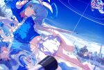  1girl arona_(blue_archive) bangs barefoot blue_archive blue_eyes blue_hair blue_serafuku blue_shirt blue_theme blush bow bow_hairband braid building city cloud colored_inner_hair day hair_over_one_eye hair_ribbon hairband highres light_blue_hair long_sleeves looking_at_viewer lying midriff multicolored_hair ogipote outdoors pink_hair reflection reflective_water ribbon sailor_collar scenery school_uniform serafuku shirt single_braid skirt sky solo water water_drop wet white_bow white_hairband white_sailor_collar white_skirt 