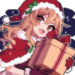  1girl ahiru_tokotoko bangs black_background blonde_hair box brown_gloves capelet fur_trim gift gift_box gloves hat holding holding_gift kirisame_marisa long_hair looking_at_viewer pixel_art red_capelet santa_costume santa_hat solo touhou upper_body yellow_eyes 