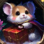  ambiguous_gender blush borodox brown_eyes brown_markings cape clothing cricetid fur gift hamster hi_res mammal markings rodent semi-anthro smile solo white_body white_fur 